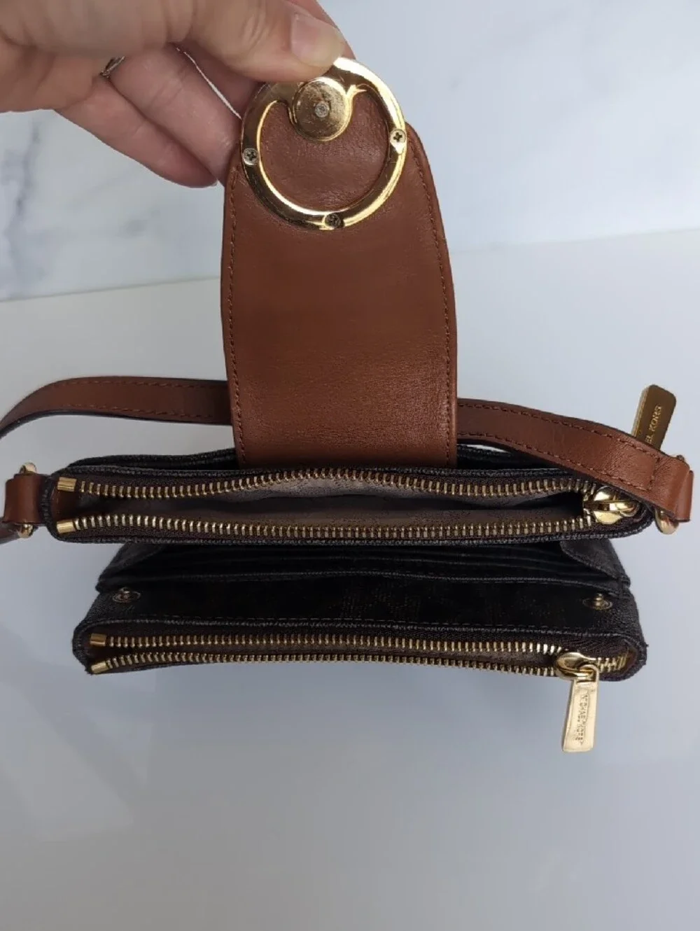 Michael Kors Dark Brown Signature MK Crossbody with Gold Accent